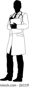 Silhouette doctor man medical healthcare person in a lab coat holding a clipboard.