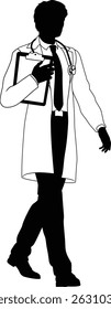 Silhouette doctor man medical healthcare person in a lab coat holding a clipboard.
