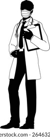 Silhouette doctor man medical healthcare person. In a lab coat and PPE mask holding a clipboard.
