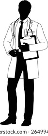 Silhouette doctor man medical healthcare person in a lab coat holding a clipboard.