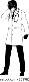 Silhouette doctor man stressed or upset medical healthcare person. In a lab coat and ppe mask.