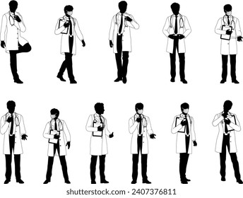 Silhouette doctor men medical healthcare people in lab coats. Some holding a clipboard or wearing PPE masks.