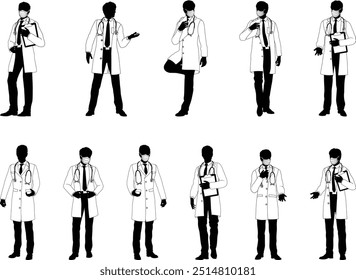 Silhouette doctor men medical healthcare people in lab coats. Some holding a clipboard or wearing PPE masks.