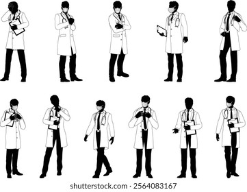 Silhouette doctor men medical healthcare people in lab coats. Some holding a clipboard or wearing PPE masks.