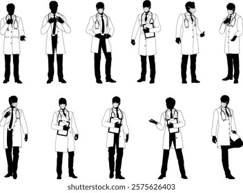 Silhouette doctor men medical healthcare people in lab coats. Some holding a clipboard or wearing PPE masks.