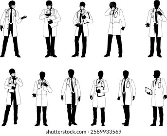 Silhouette doctor men medical healthcare people in lab coats. Some holding a clipboard or wearing PPE masks.