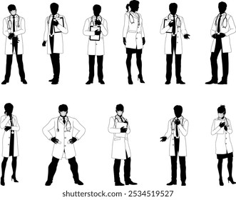 Silhouette doctor men and women medical healthcare people in lab coats. Some holding a clipboard or wearing PPE masks.