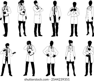 Silhouette doctor men and women medical healthcare people in lab coats. Some holding a clipboard or wearing PPE masks.