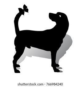 Silhouette of a dog (abstract) on the tail sits a butterfly, cartoon on a white background, vector