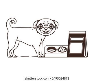 silhouette of dog with bowl and pet food on white background