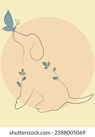 Silhouette of a dog with a butterfly on its nose. The silhouette is overlaid with green leaves, and the background is a square and an oval in pastel colors.