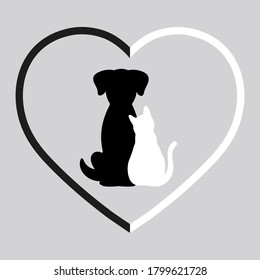 Silhouette Of Dog And Cat In Black And White Heart On Gray Background