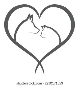 silhouette of dog and cat in grey heart on white background.vector.