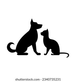 Silhouette dog and cat on a white background. Vector stock illustration.