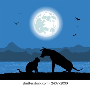 silhouette of dog and cat under the full moon