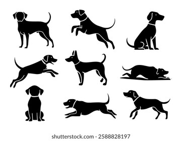 Silhouette dog collection vector. Dog in various poses and activities like playing, jumping, sitting, running,  and standing. Black puppies and pet dogs are isolated on a white background.