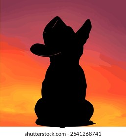 Silhouette of a Dog in a Cowboy Hat Against a Vibrant Sunset Background, Capturing a Western and Adventurous Feel. Ideal for Designs Related to Pets, Western Themes, and Outdoor Scenes.