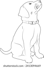 Silhouette dog drawn in pencil. Dog in a collar on a white background. Design of greeting cards, posters, patches, prints on clothes, emblems. Puppy. Pet.