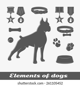 Silhouette of the dog and the elements. Isolated objects. Vector illustration