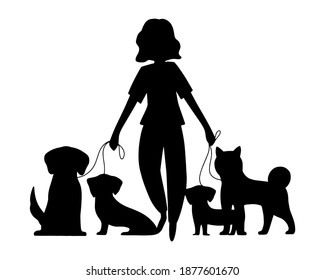 Silhouette dog handler walks with pet. Concept of dog service, volunteering, sitter, walker, pet care, dog shelter. Design for poster, banner, flyer, web, mockup, business, company,  identify, sign.