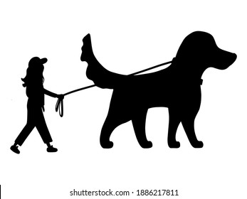 Silhouette dog handler walks with pet. Concept of dog service, volunteering, sitter, walker, pet care, dog shelter. Design for poster, banner, flyer, web, mockup, business, company,  identify, sign.