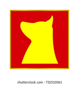 Silhouette dog head icon. Flat style. Puppy head icon. Simple design. Yellow vector illustration isolated on red background. Animal logotype concept. Logo design template.
