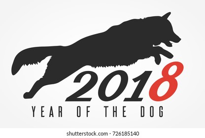 Silhouette of the dog jumping over the digits 2018, vector illustration for the Chinese Year of the Dog