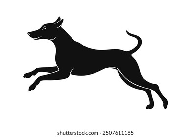 A silhouette of a dog mid-jump, capturing its energy and grace. The dog's form is sleek and dynamic, with outstretched legs and arched back, conveying a sense of motion and excitement against a simple