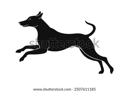 A silhouette of a dog mid-jump, capturing its energy and grace. The dog's form is sleek and dynamic, with outstretched legs and arched back, conveying a sense of motion and excitement against a simple
