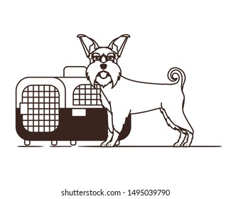 silhouette of dog and pet transport box on white background