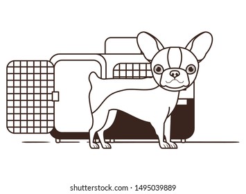 silhouette of dog and pet transport box on white background