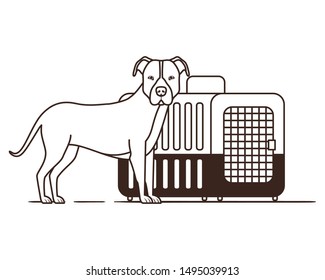 silhouette of dog and pet transport box on white background