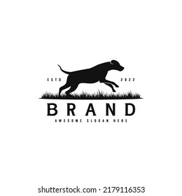 Silhouette Dog Running On Grass Logo Design, Creative Dog Training Logo Illustration, Animal Dog Vector Template