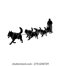 A silhouette of a dog sled team pulling a sled with a driver, racing through a snowy landscape.