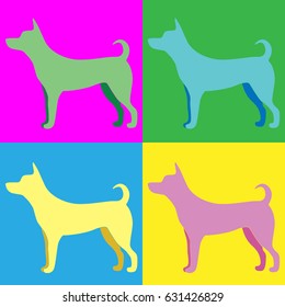 Silhouette of a dog in the style of pop art in pink, blue, yellow and green and with traces of paws and white bones on the trunk