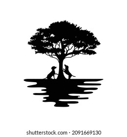 silhouette of a dog under a tree logo vector