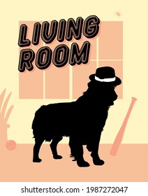 silhouette of a dog wearing a hat on a living room background