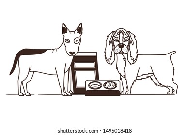 silhouette of dogs with bowl and pet food on white background