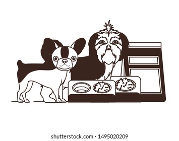 silhouette of dogs with bowl and pet food on white background