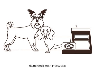 silhouette of dogs with bowl and pet food on white background
