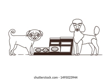 silhouette of dogs with bowl and pet food on white background