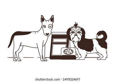 silhouette of dogs with bowl and pet food on white background