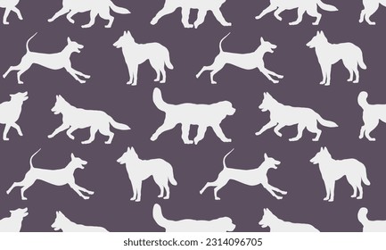 Silhouette dogs different breeds in various poses. Endless texture. Seamless pattern. Design for fabric, decor, wallpaper, wrapping paper, printing. Vector illustration.