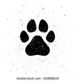 Silhouette of dog's paw in grunge style. Dirty trail. Wild nature. Small particles, dust. Vector illustration