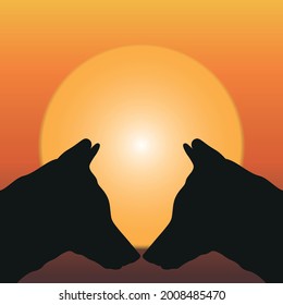 Silhouette of dogs at sunset. Vector Illustartion