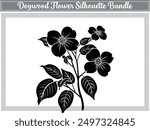 Silhouette of dogwood flowers with tropical ornament leaf doodles