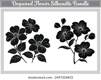 Silhouette of dogwood flowers with tropical ornament leaf doodles