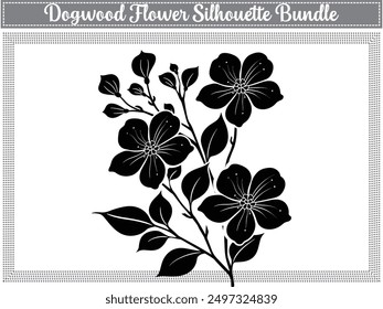 Silhouette of dogwood flowers with tropical ornament leaf doodles