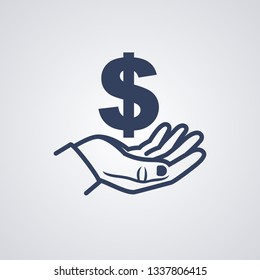 Silhouette dollar in hand. Vector illustration flat style design. Holding money in palm human. Pay cash. Isolated on white background. Donat icon. Giving, receiving money. 