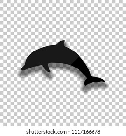 silhouette of dolphin. Black glass icon with soft shadow on transparent background